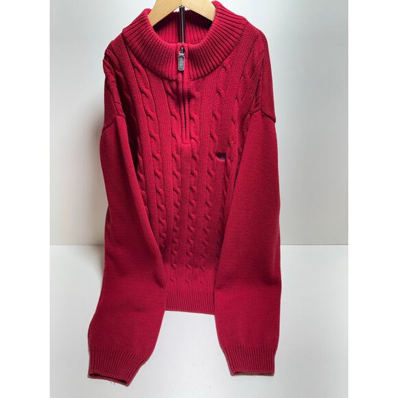Men’s Cable Knit 1/4 Zip Red Mock Neck Long Sleeve Sweater Grandpa Core Sz XL - Picture 1 of 8